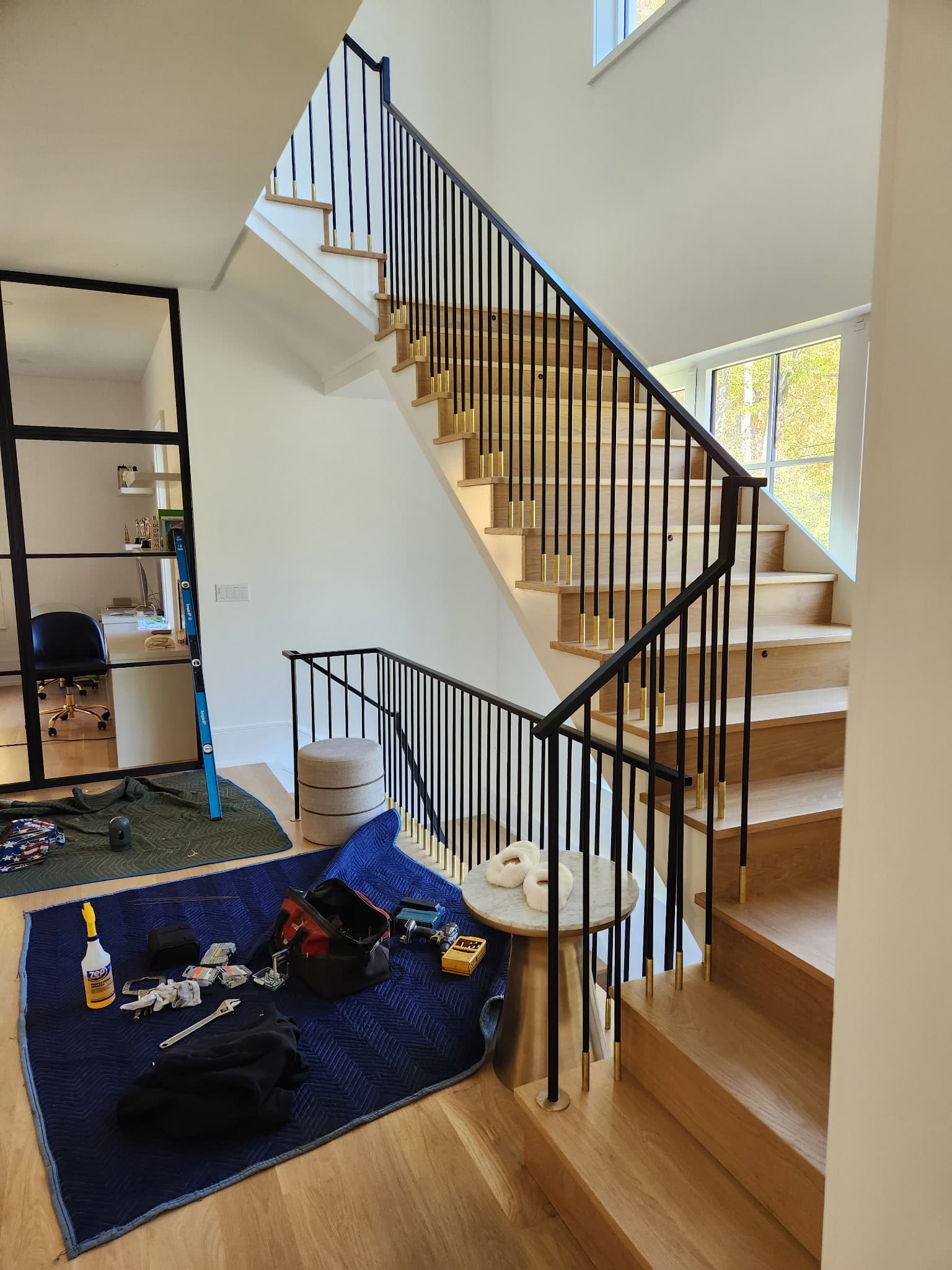 Vertical baluster staircase railing installed by welder in Norwalk CT
