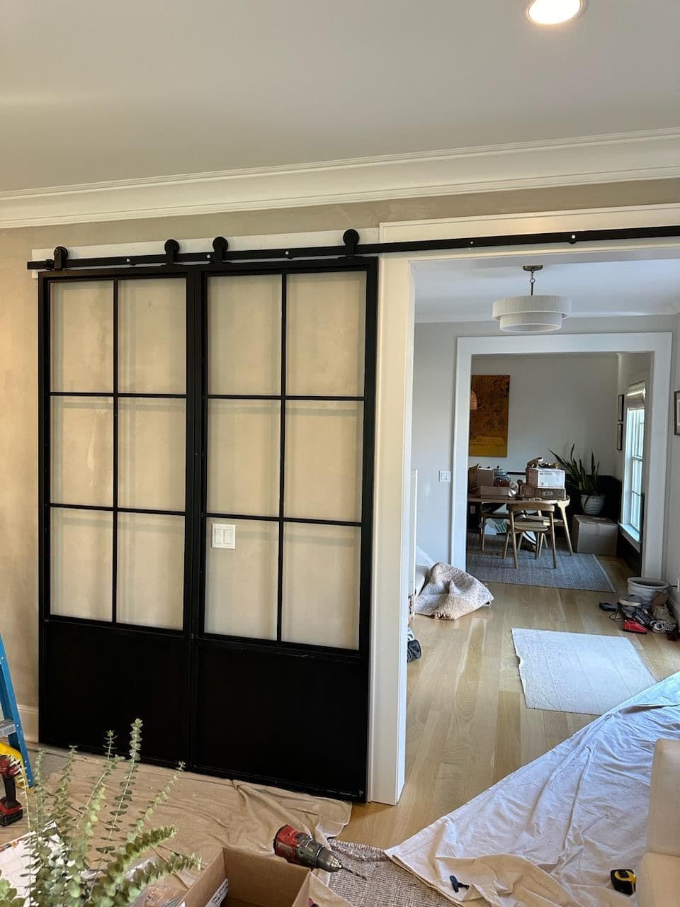 Custom steel and glass barn doors fabricated for Connecticut home by Vinny's Custom Metal Fabricators